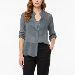 Theory Women's Gray Semi-Sheer Button-Up Collarless LS Shirt Size M/L